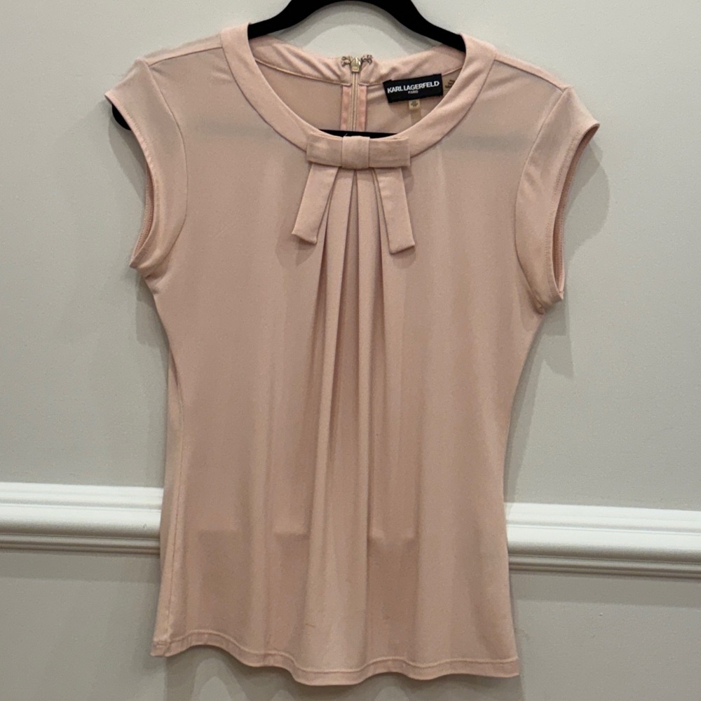 Karl Lagerfeld Blush Pink Pleated Bow Cap Sleeve Top
